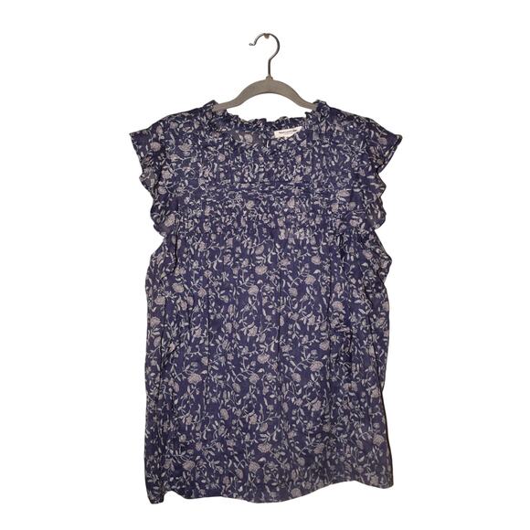 BEACHLUNCHLOUNGE NEW $58 Pleated Yoke Ruffle Maya Blouse Baja Blue‎ Floral XL - Picture 3 of 5